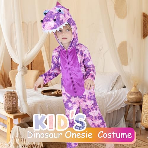 Sincere Party Pink Purple Sublimation Print T-Rex Dinosaur Costume for Little Boys and Girls Dinosaur Oneise with T-Rex Statue Toy for 2-3 years - Image 2