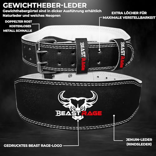 BEAST RAGE Gewichthebergürtel, Leder, strapazierfähig, Fitnessstudio, Bodybuilding, Workout, Training, Gewichthebergürtel, 10 verstellbare Löcher, 10,2 cm, gepolsterte (Schwarz, M)