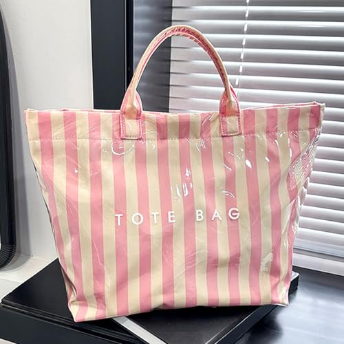 Image of Striped PVC Tote Bag for Women, Waterproof Plastic Hobo Handbag Summer Tote for Beach, Pool & Ideal Gift
