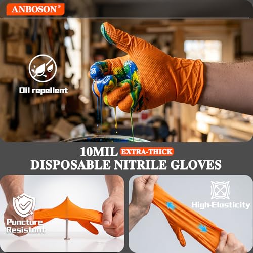 Image of ANBOSON 10 Mil Heavy Duty Industrial Nitrile Gloves, Orange Medium 500 Ct | 500 Ct Diamond Texture, Disposable Latex Free Rubber Gloves for Auto Repair,Workshop,Warehouses,Chemical Handling Industrial