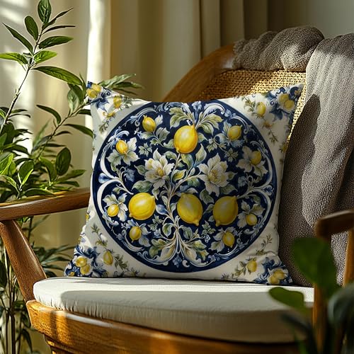 Image of Italian Amalfi Coast Lemon Pillow Cover 18x18 Double-Sided, Blue and White Mediterranean Citrus Fruit Decorative Throw Pillow Cover for Home Living Room Bedroom