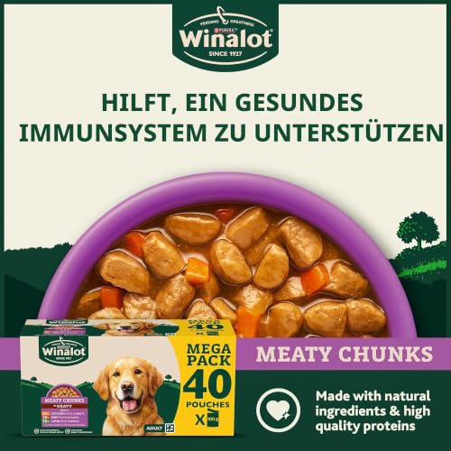 WINALOT Meaty Chunks Adult Nassfutter für Hunde, gemischt in Soße, Rind, Huhn, Lamm, 40x100g Beutel – Ansicht 3