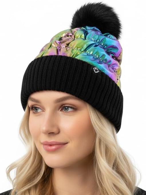 Funky Junque Women’s Puffer Beanie – Stylish Fleece Lined Waterproof Winter Hat with Faux Fur Pom Pom, Trendy Cozy Accessory