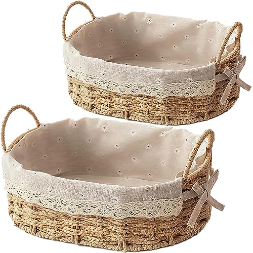 Westhood 2-Pack Oval Woven Home Storage Baskets with Washable Liner Paper Rope Storage Baskets Straw Rattan Basket for Organizing with Handle Cosmetic Storage Box (Oval)