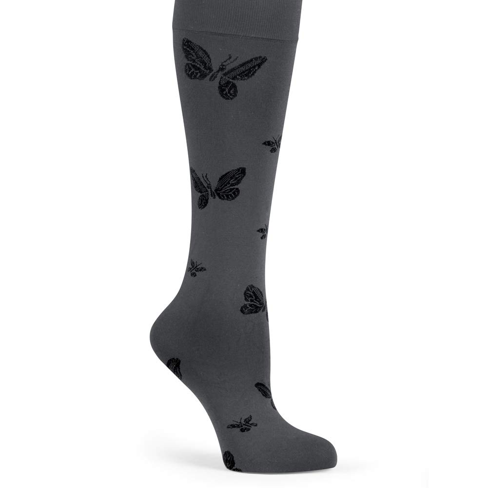 Collections Etc Butterfly Compression Knee High Socks for Women - Promotes Better Circulation, Eases Leg Strain, Swelling, Black, Fits Women's Shoe Sizes 9-11 - Made in The USA
