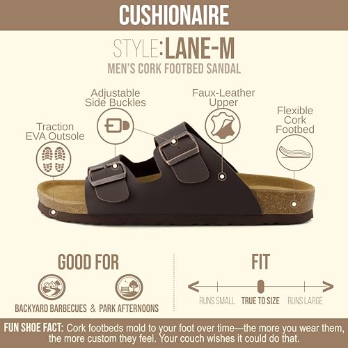 Image of CUSHIONAIRE Lane Cork Footbed Mens Sandals, Adjustable Buckle Comfort Slides for Men, Genuine Leather Insole Summer Sandals Men Footwear