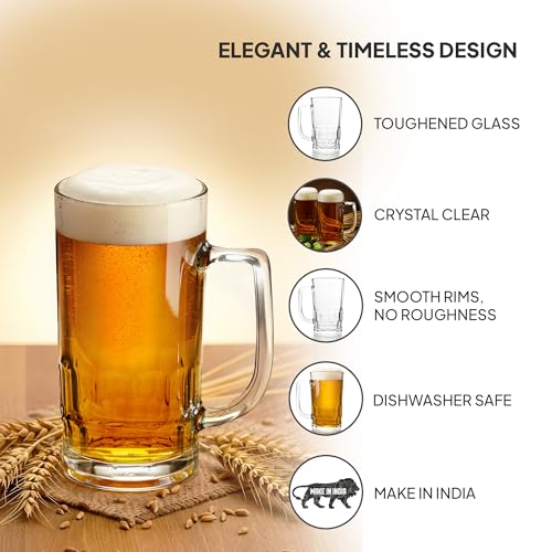 Image of CELLO Classic Glass Beer Mug with Handle Set of 2 Pcs, 330 ml Transparent | Freezer & Fridge Safe, Durable Leadfree Dishwasher Safe Toughened Glass Mug for Serve Beer, Cocktail Mocktail & Beverages