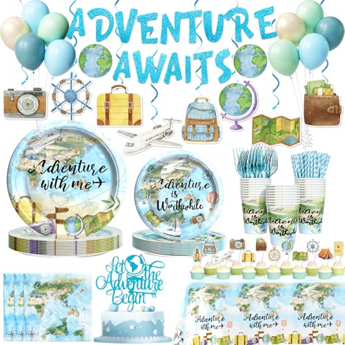 Fiesec Bon Voyage Party Decorations Tableware Set 191 PCs Travel Adventure Party Supplies with Plates Napkins Forks Cups Straws Adventure Awaits Banner Tablecloths Hanging Swirls Serves 24