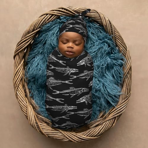 Image of Black White Bones Fish Lover Newborn Swaddle Blankets Hat Sets Soft Baby Receiving Blanket Swaddle Sack for Baby Shower Infant Boy Girl Gift