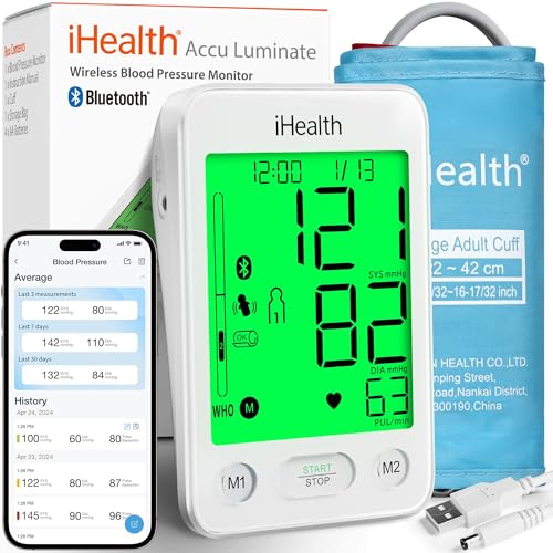 iHealth Accu Luminate Blood Pressure Monitor &ndash; 4.5' Tri-Color WHO-Based LCD(White), Clinically...