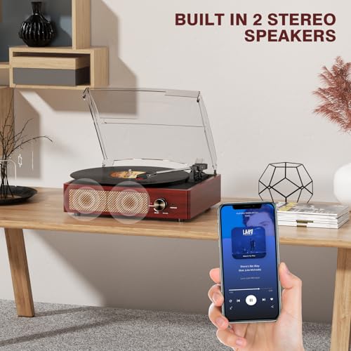 Image of Vinyl Record Player with 2 Stereo Speakers Belt-Driven Vintage Turntables 3 Speed 3 Size Wireless Bluetooth Playback AUX-in RCA Out Headphone LP Vinyl Players Auto Stop Red Wood