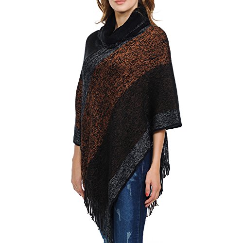 Women's Cowl Neck Knitted Tassel Pullover Sweater Poncho Shawl3