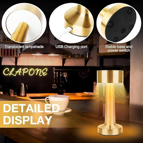 Image of CLAPONE LED Table Lamp - Touch Control with 3 Brightness Levels & 3 Color Modes | Rechargeable Metal Desk Lamp for Bedroom, Nightstand, Living Room, Office & Study Table (Glod, 1 Pcs)