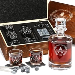 Personalized Whiskey Decanter and Stones Set – Customized Gift for Him – Men, Dad, Father – Engraved Round Classic Decanter, Glasses, 9 Granite Stones in Container, Coasters, Tongs in Wooden Gift Box