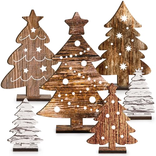 6 Pcs Wooden Christmas Tree Tabletop Decor 6 Sizes Freestanding Wooden Xmas Tree Decorations Rustic Christmas Tiered Tray Centerpieces Signs for Indoor Holiday Home Decor