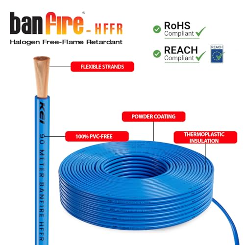 Image of KEI BANFIRE- HFFR 1 sqmm 1 Core 99.97% Pure Copper Conductor Heat Resistant Flame Retardant Low Smoke & Halogen - Lead Less House Wire for Domestic & Industrial Electrical Wiring (Blue,90 Meters)