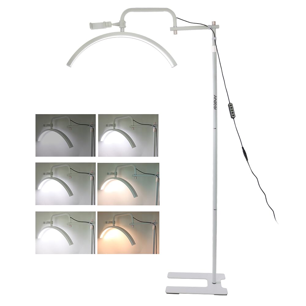 Andoer 36W Luce Video LED da Pavimento Mezzaluna 3200K-5600K Dimmerabile con Supporto per Telefono e Telecomando per Salone di Bellezza e Trucco Streaming Live