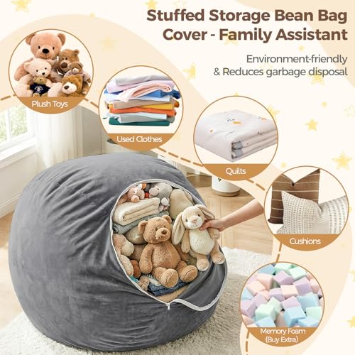 Image of Stuffed Animal Storage Bean Bag Chair Cover for Kids (No Filler), Soft Comfy Velvet Beanbag Chair Cover Machine Washable, Kids Bean Bag Chair with Handle for Living Room Bedroom Dorm,Dark Gray