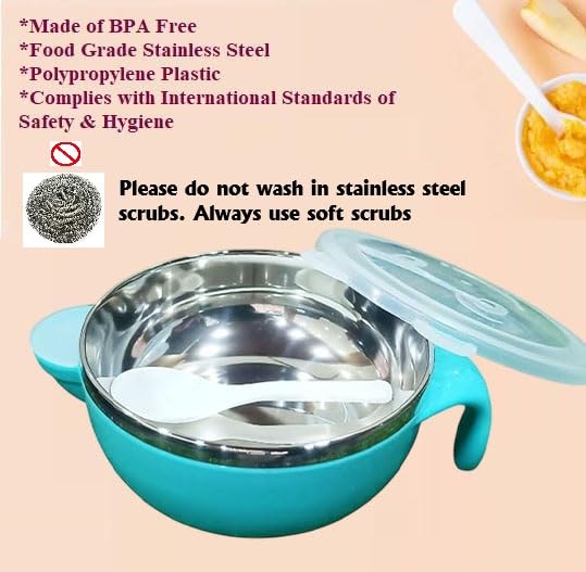 Image of Baby Stainless Steel 1 Bowl with 1 Spoon Set for Children,Baby Feeding Bowl,Stay Warm Bowl,BPA Free,Multicolor