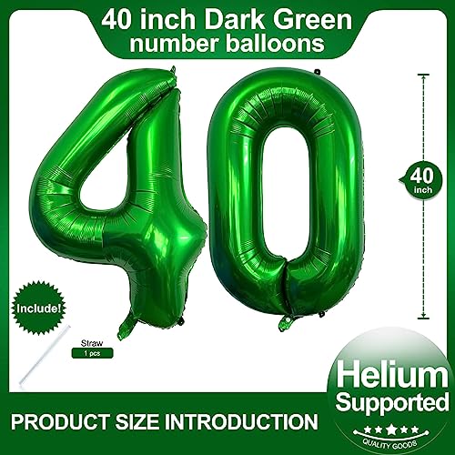 Image of Number 40 Dark Green Balloons 40 Inch Giant Green 40 Numer Foil Helium Balloons for 40th Dark Green Birthday Party Supplies 40th Anniversary Events Decorations