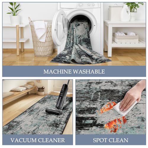 Washable Area Rugs 2'x6' Non-Slip Modern Abstract Soft for Living Room Entryway Bedroom Nursery, Print Pattern, Blue Black Teal