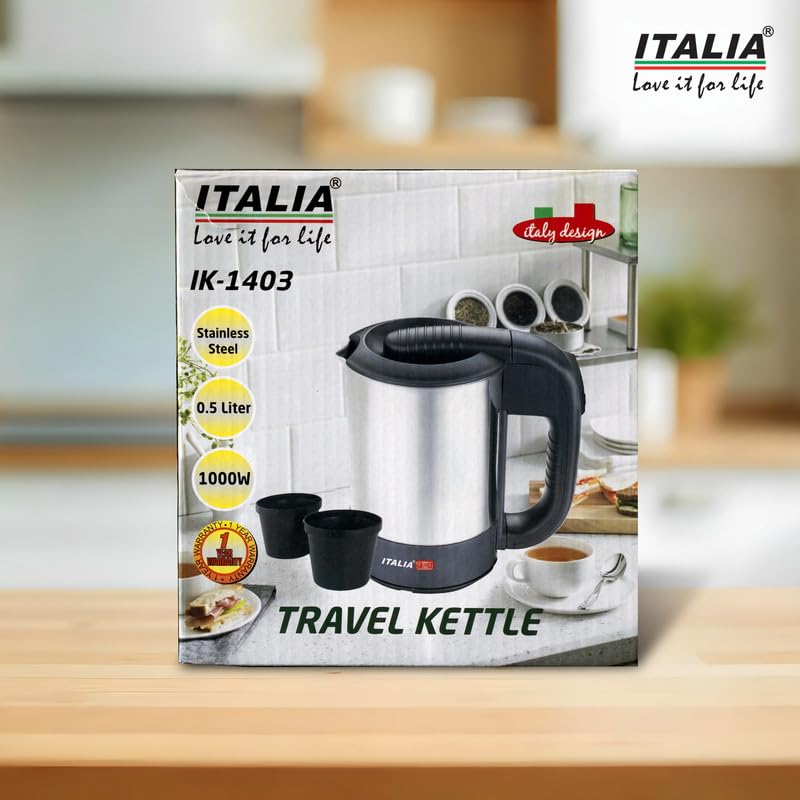 Image of ITALIA 500ml Electric Travel Kettle with 2 Cups, 1000W Mini Stainless Steel Portable Kettle for Hot Water, Tea Coffee, Auto Shut-Off, Concealed Heating, Office Hostel Travel, 1 Year Warranty