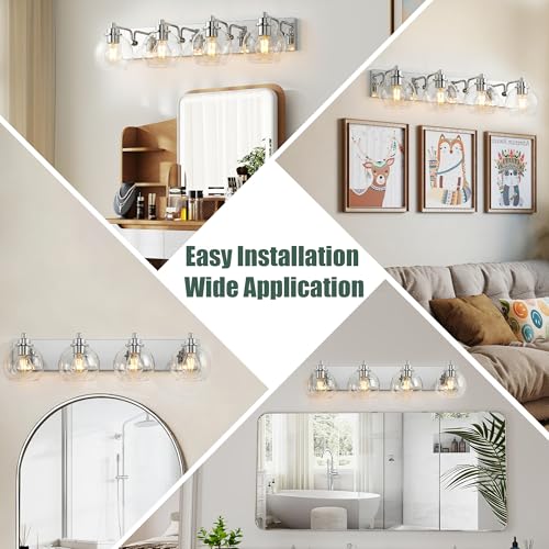 Image of 4 Light Bathroom Light Fixtures-Chrome Bathroom Vanity Lights, Modern Vanity Lights 4-Light Bathroom Lighting Fixtures Over Mirror with Clear Glass Globe Shade