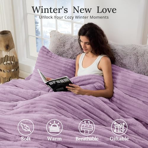 Image of Sasttie Full Comforter Set 3 Pieces - Super Soft Fleece Comforters Full Size, 1 Luxury Warm Fuzzy Marshmallow Comforter with 2 Pillow Cases, Faux Fur Down Alternative Bedding Set, Purple