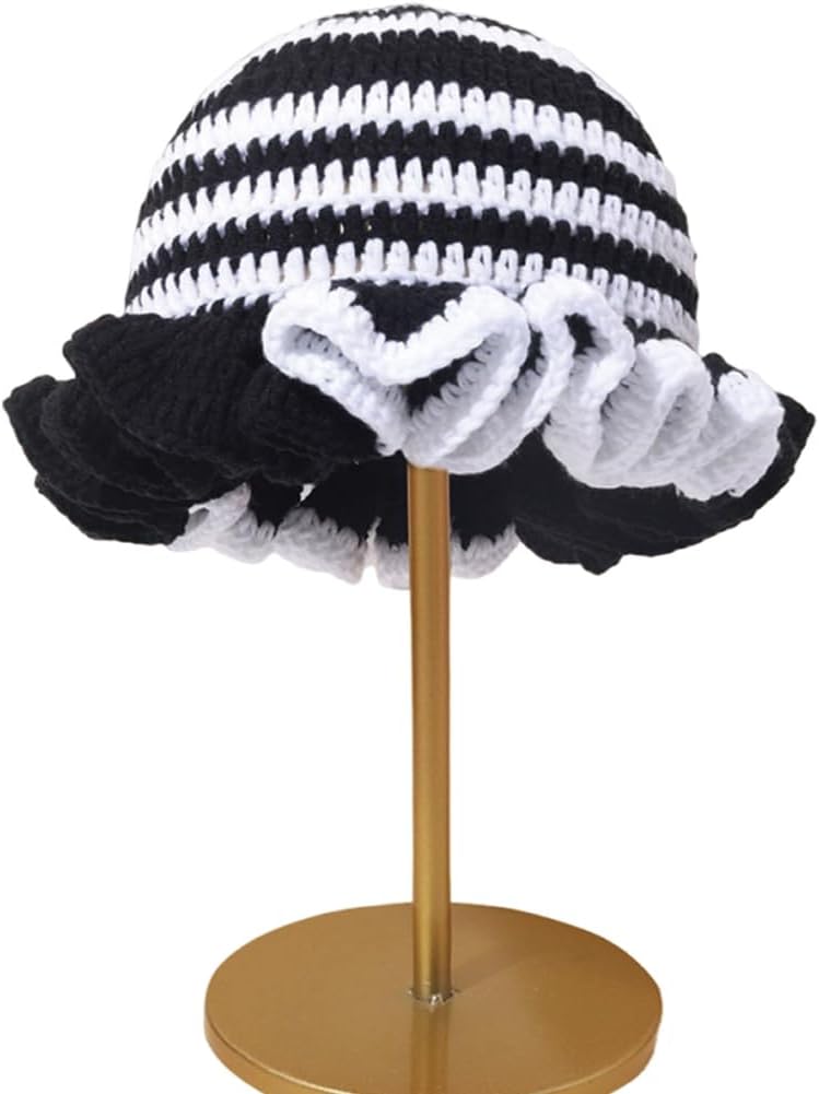 Womens Knit Bucket Hat Crochet Ruffle Hats Winter Warm Handmade Beanie Caps