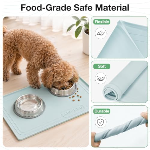 Image of 22x19 Pet Feeding Mat Waterproof Nonslip Cats and Dogs Water Bowl Mat | Silicone 0.59 inch Raised Edges Contain Food & Water Spills, Easy To Clean, Bpa-Free, Reinforced To Resist Collapse,Light Blue