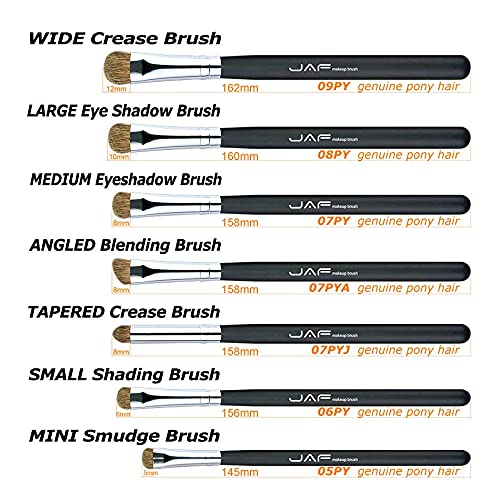 JAF 7-piece Black Eyeshadow Brushes with Soft Natural Pony Hair - including WIDE Crease Brush, LARGE Eye Shadow Brush, MEDIUM Shader Brush, ANGLED Eyeshadow Blending Brush, TAPERED Crease Brush, SMALL Shading Brush, MINI Smudge Brush
