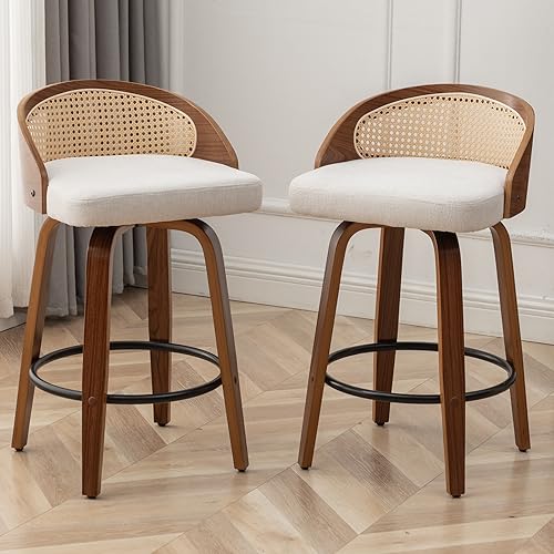 Image of 24.8 inch Swivel Rattan Bar Stools Set of 3,Mid-Century Modern Beige Linen Fabric Upholstered Counter Height Stools,Kitchen Island Barstools with Rattan Low Backrest,Walnut Wood Finish Bar Chair
