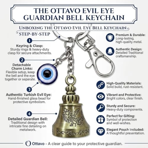 Image of OTTAVO Evil Eye Bell Keychain, Metal Nazar Battu, Good Luck Charm for Car & Bike Keys, Protective Guardian Bell, Bag Accessory