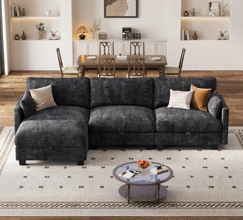 Image of Modular Sectional Sofa, 101 inch L Shaped Couch with Storage | High Resilience Foam, 22 inch Seat Depth, Movable Ottoman, Comfy Chenille, Easy Assembly, Black