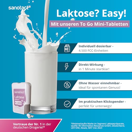 sanotact Laktase Direkt 4.500 Mini-Tabletten – 100 Stück | Für Laktoseintoleranz | Sofortige Wirkung | Ohne Wasser einnehmbar | Praktischer Klickspender 3