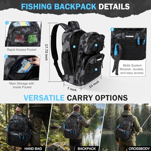 Image of PLUSINNO Fishing Gear, Fishing Backpack with Tackle Box, Waterproof tackle Backpack with Rod Holders, Lures, Tools, Pliers & Accessories, Fish Gifts for Men