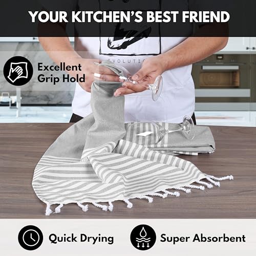 Image of Turkish Kitchen Towels 18x26 Inches with Tassels - 4 Pack - Ultra Absorbent, Durable, Soft 100% Cotton Dish Towels for Drying & Cleaning - Machine Washable, Quick-Dry - Melange Grey