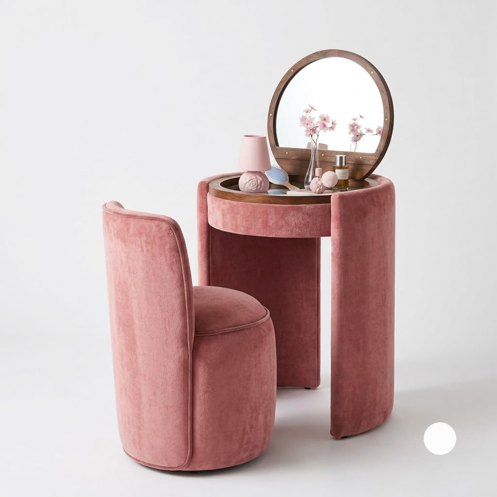 compact dressing table with chair set – modern round vanity desk with mirror & cushion stool for bedroom & small spaces, dusty rose