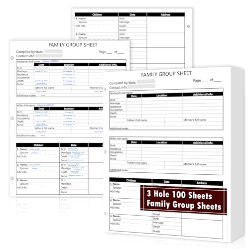 100 Sheets 3 Hole 12th Generation Family Group Sheets Two-Sided Blank Genealogy Forms 8.5×11 Inch Family Tree Charts Worksheets for Research Ancestry