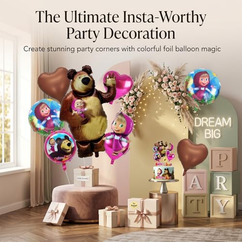 Image of Atpata Funky Forest Girl and Bear Theme Foil Balloons Pack - 10 Pcs | Birthday Party Decorations for Girls | Heart & Round Balloons for Kids Cartoon Party, Jungle Theme Decor