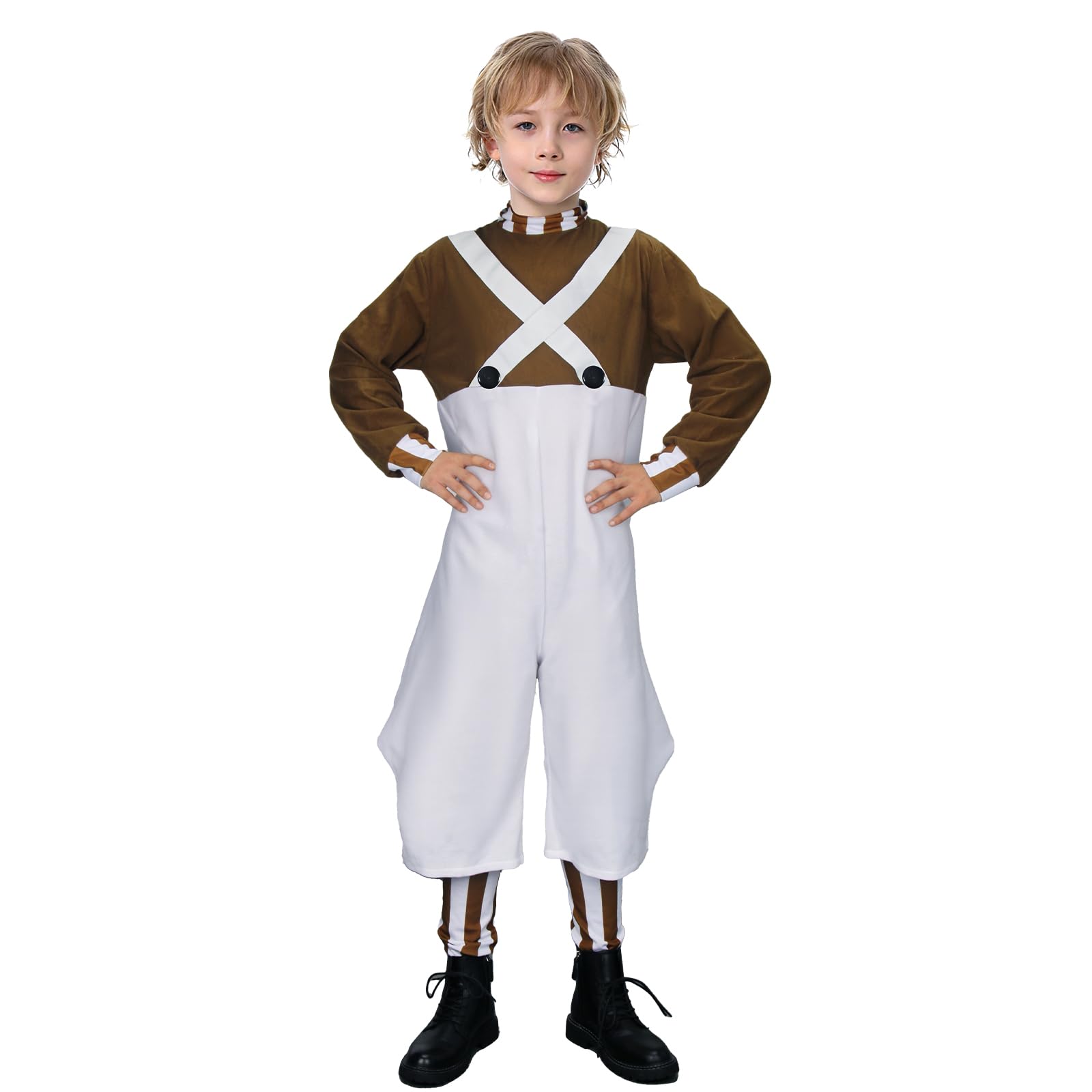 Vikidoky Brown Candy Chocolate Factory Worker Costume Jumpsuit Outfit Bodysuit with Leg Warmers Wig Halloween Cosplay Uniform
