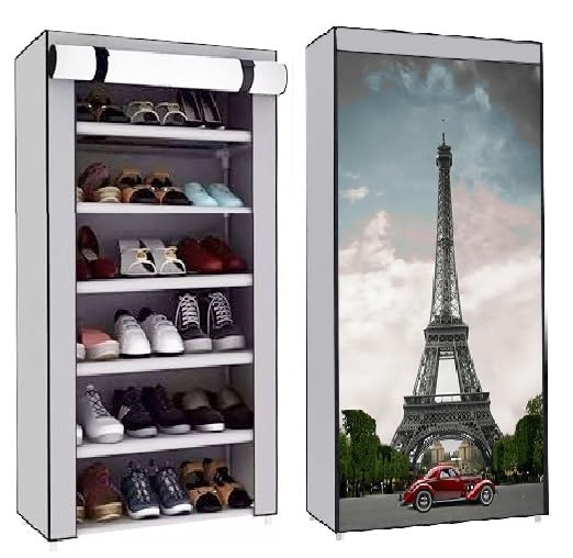 EXPOSURE 6 Layer Multipurpose Metal Pipes Non Woven Cover and Shelf with Single Connector Collapsible Shoe Rack (Light Grey), 280 x 580 x 1080 mm-image-35