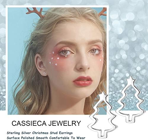 CASSIECA 3 Pairs 925 Sterling Silver Christmas Stud Earring for Women Girls Cute Christmas Tree Earrings Xmas Deer Stud Earrings Candy Small Sleeper Studs Gift for Christmas