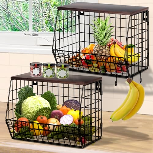 YADOBIG 2 Piezas Colgante Cesta de Fruta, 30 × 15,5 × 21,5 cm Fruteros de Cocina de Metal, con Tapa de Madera, con 4 Ganchos, Apilables y Montables en la Pared, para Guardar Fruta y Verdura, Negro