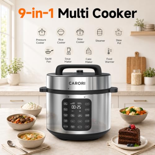 Image of CARORI 8Qt,9-in-1,1200W Electric Pressure Canner, IMD Touchscreen, Non-Stick Pot. Quick, Time-Saving, Healthy. Olla de Presion (Ollas). Safe Venting.Rice,Slow,Steamer, Saute, Warmer, Silver