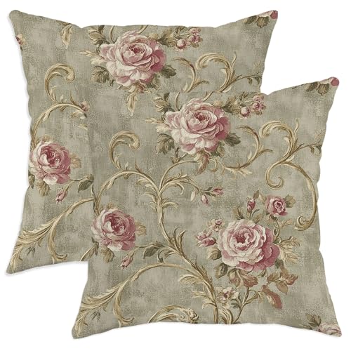 Lot de 2 housses de coussin décoratives vintage à motif floral rose poudré, décoration d'intérieur printanière pour canapé, lit, housses de coussin...