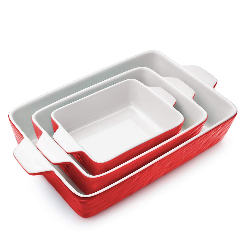 Krokori Casserole Dishes for Oven, Ceramic Baking Dishes, Lasagna Pan with Handles, Porcelain Baking Pan Deep, Bakeware for Baking, Cooking, Wedding Gift, Set of 3 (11.6" x 7.8", Red)
