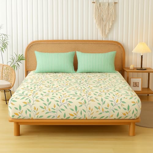 BSB HOME 100% Cotton Feel Bedsheets 200 to 220 tc for Double Bed King Size (90x100 Inch) with 2 Contras Pillow Covers | Soft & Breathable | Wrinkle-Free | Premium Printed Design - Pastle Green