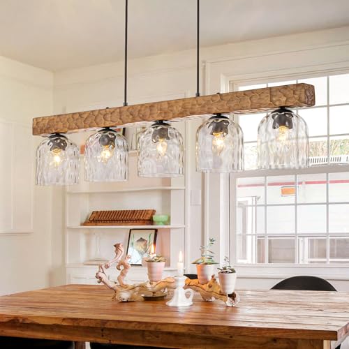 Image of 43.3 inch Farmhouse Linear Chandelier 5 Light Wood Linear Pendant Light with Hammered Glass Shades Rustic Dining Room Light Fixture Over Table Kitchen Island