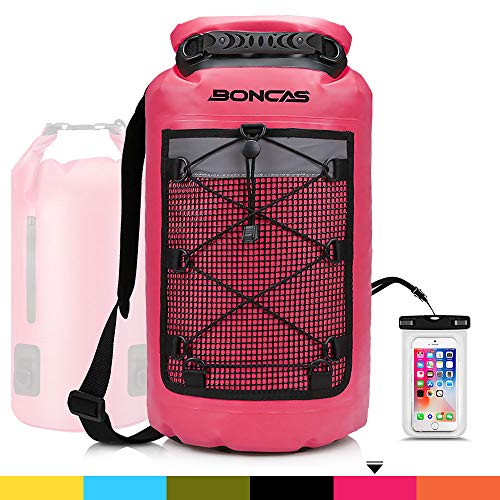 Boncas Waterproof Backpack, 20L Dry Bag with Waterproof Phone Pounch, Roll Top Bag Dry Sack Waterproof Dry Bag Perfect for Kayaking, Fishing, Rafting-Pink